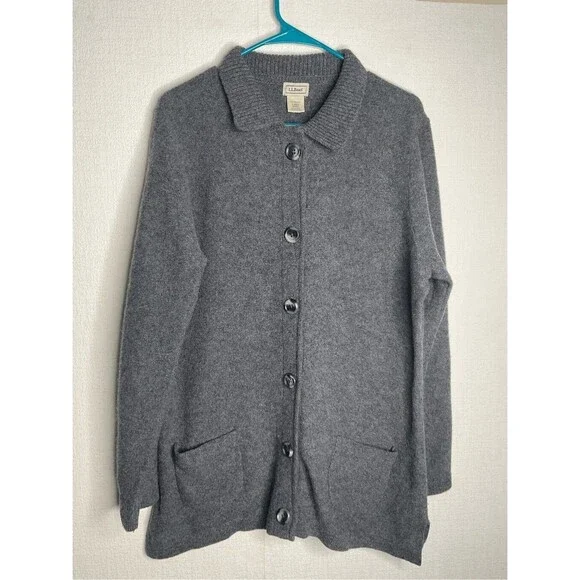 L.L. Bean Women Gray Wool Long Sleeve Pockets Button Front Cardigan Size L - Picture 6 of 9